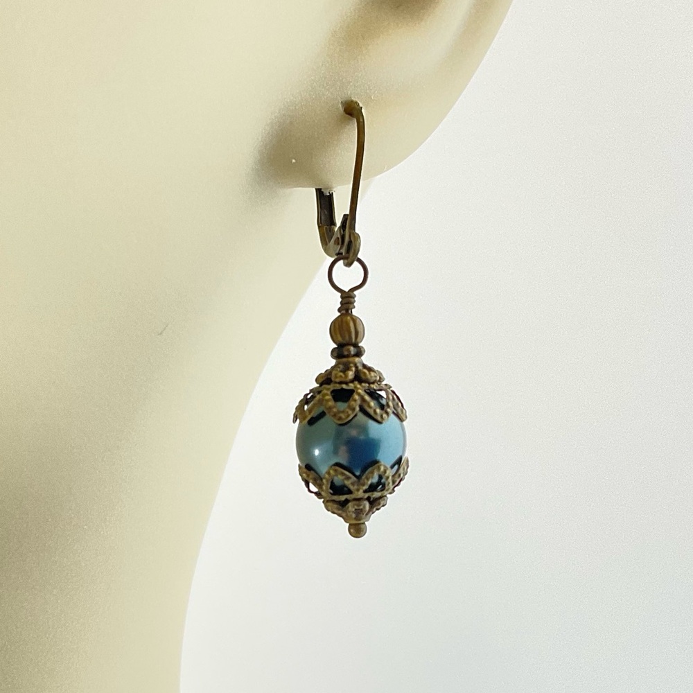 Handmade Swarovski Crystal Pearl Earrings, Night Blue, Filigree, Gothic Medieval